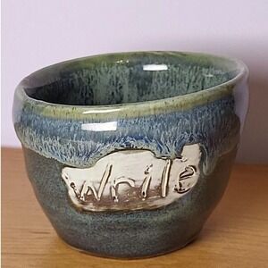 Handmade Pottery Bowl Blue Green Glaze Write Decor Signed Studio Art Ceramic